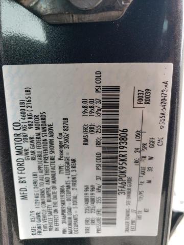 3FA6P0K95KR193806 - 2019 FORD FUSION TITANIUM GRAY photo 12