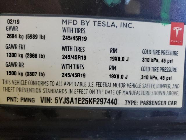 5YJSA1E25KF297440 - 2019 TESLA MODEL S ნაცრისფერი ფოტო 13