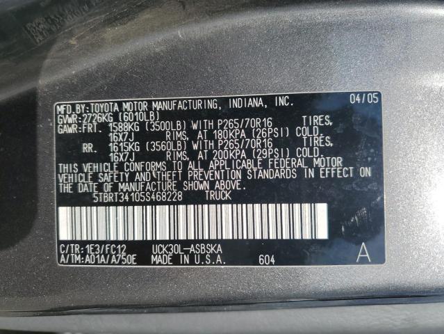 5TBRT34105S468228 - 2005 TOYOTA TUNDRA ACCESS CAB SR5 GRAY photo 12