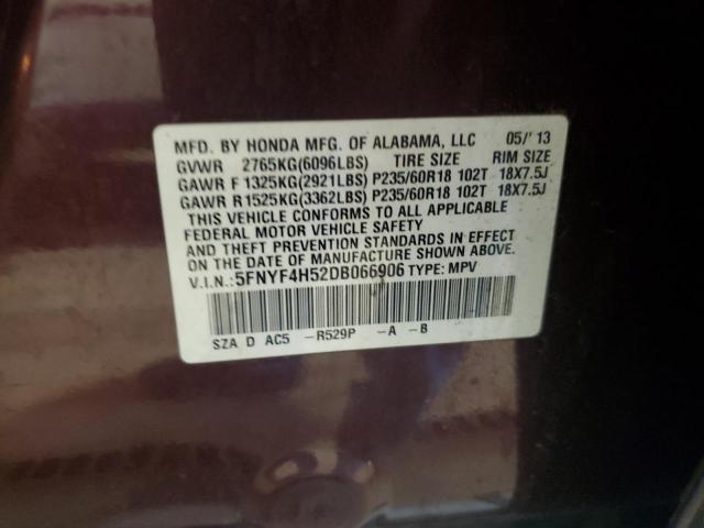 5FNYF4H52DB066906 - 2013 HONDA PILOT EXL წითელი ფოტო 13