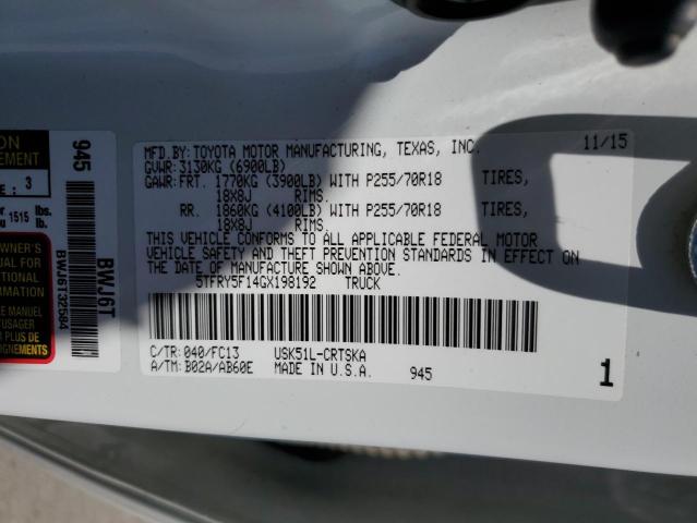 5TFRY5F14GX198192 - 2016 TOYOTA TUNDRA DOUBLE CAB SR/SR5 WHITE photo 12