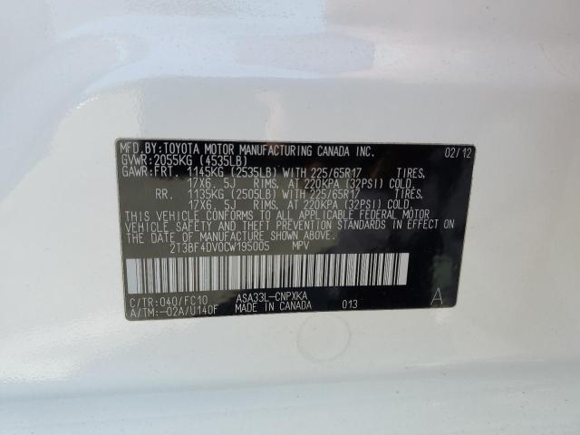 2T3BF4DV0CW195005 - 2012 TOYOTA RAV4 WHITE photo 13