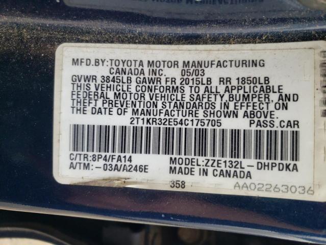 2T1KR32E54C175705 - 2004 TOYOTA COROLLA MA XR BLUE photo 13