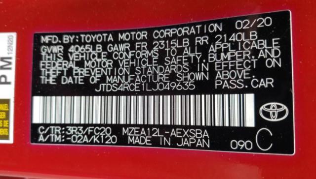 JTDS4RCE1LJ049635 - 2020 TOYOTA COROLLA SE BURGUNDY photo 12