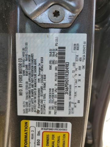 3FA6P0HD1FR304983 - 2015 FORD FUSION SE GRAY photo 12