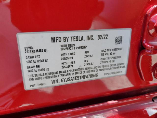 5YJSA1E51NF470546 - 2022 TESLA MODEL S RED photo 13