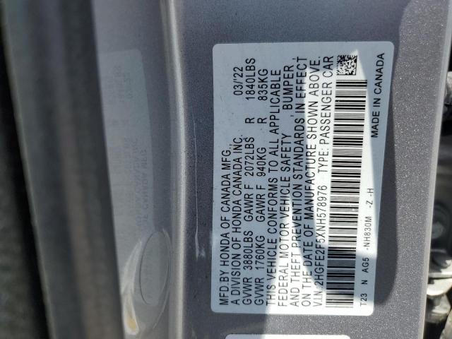 2HGFE2F5XNH578976 - 2022 HONDA CIVIC SPORT 灰色 照片 13