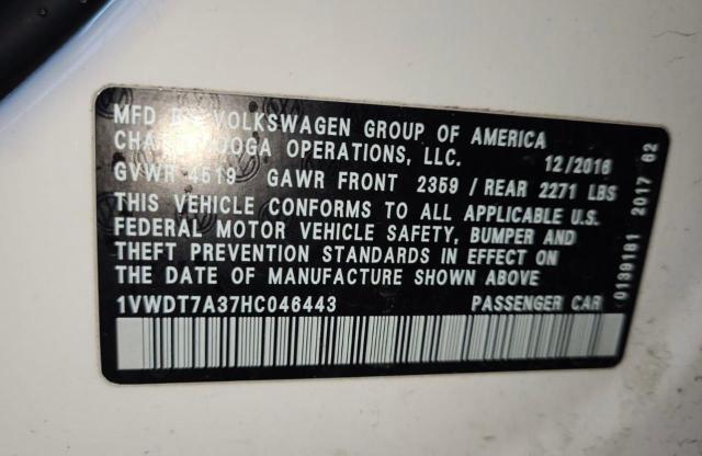 1VWDT7A37HC046443 - 2017 VOLKSWAGEN PASSAT R-LINE Սպիտակ լուսանկար 10