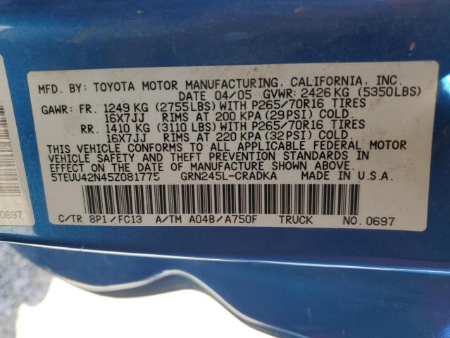 5TEUU42N45Z081775 - 2005 TOYOTA TACOMA ACCESS CAB BLUE photo 12