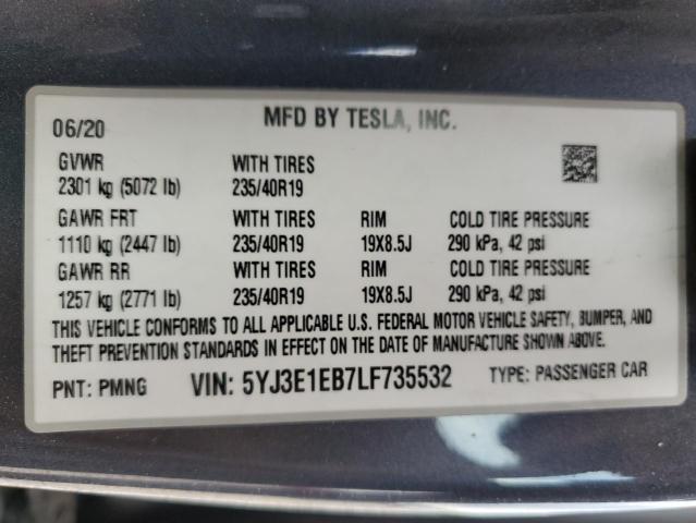 5YJ3E1EB7LF735532 - 2020 TESLA MODEL 3 Մոխրագույն լուսանկար 13