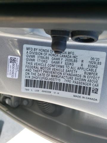 2HGFC2F82LH557715 - 2020 HONDA CIVIC SPORT 银色 照片 12