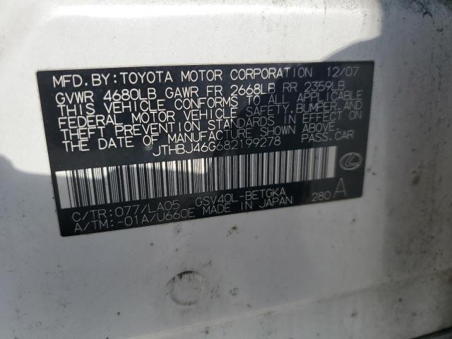 JTHBJ46G682199278 - 2008 LEXUS ES 350 WHITE photo 12