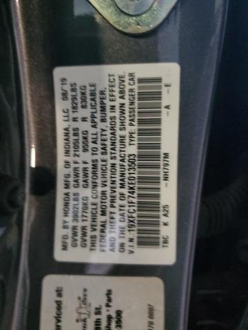 19XFC1F74KE013503 - 2019 HONDA CIVIC EXL ნაცრისფერი ფოტო 12