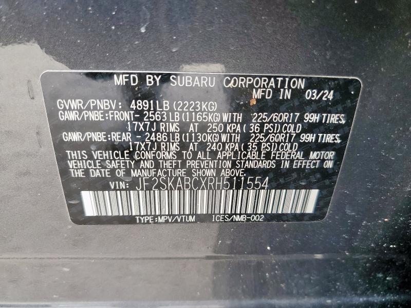 JF2SKABCXRH511554 - 2024 SUBARU FORESTER CHARCOAL photo 12
