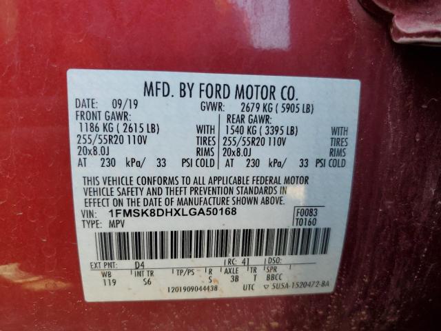 1FMSK8DHXLGA50168 - 2020 FORD EXPLORER XLT RED photo 14