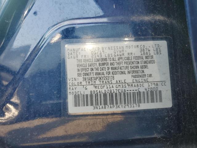 3N1AB7AP3KY293178 - 2019 NISSAN SENTRA S 蓝色 照片 12