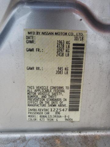 1N4BL4EV3KC122547 - 2019 NISSAN ALTIMA SL 银色 照片 12