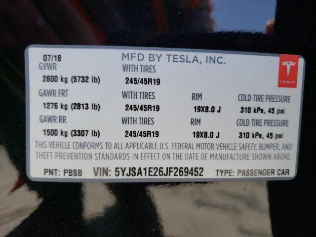 5YJSA1E26JF269452 - 2018 TESLA MODEL S Սև լուսանկար 12