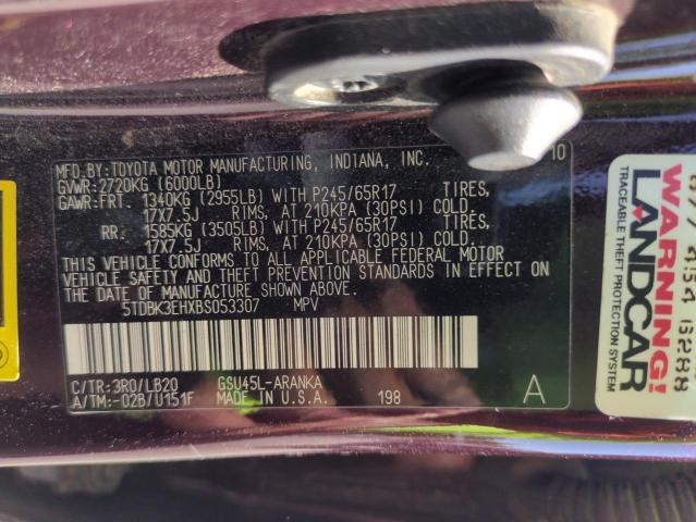 5TDBK3EHXBS053307 - 2011 TOYOTA HIGHLANDER BASE Бордовий фото 14