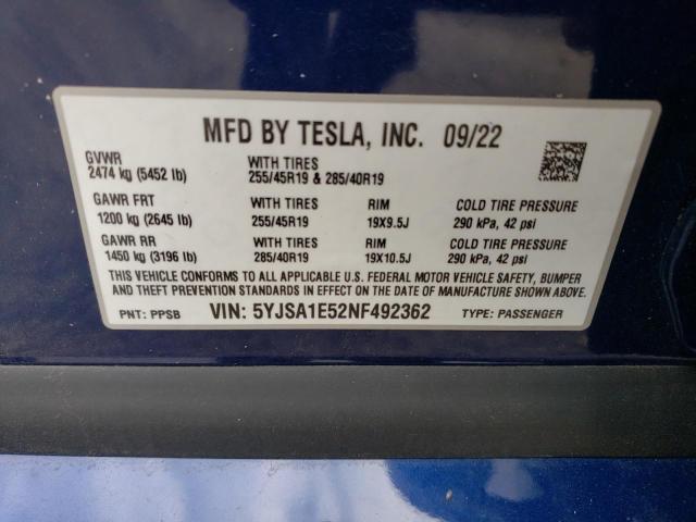 5YJSA1E52NF492362 - 2022 TESLA MODEL S Մոխրագույն լուսանկար 12