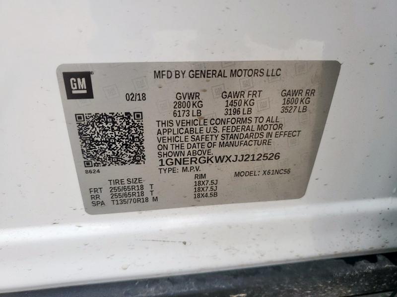 1GNERGKWXJJ212526 - 2018 CHEVROLET TRAVERSE LT თეთრი ფოტო 13