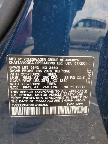 1V2KE2CA6MC236200 - 2021 VOLKSWAGEN ATLAS CROS SE ლურჯი ფოტო 14