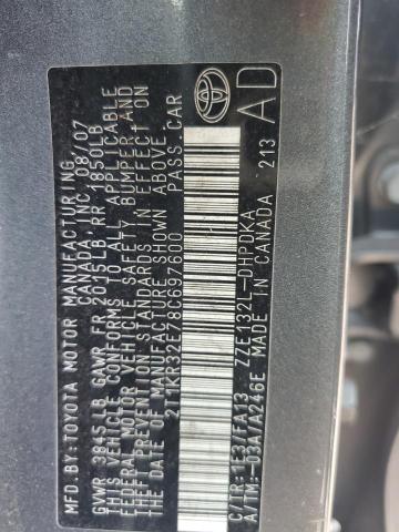 2T1KR32E78C697600 - 2008 TOYOTA COROLLA MA XR GRAY photo 12