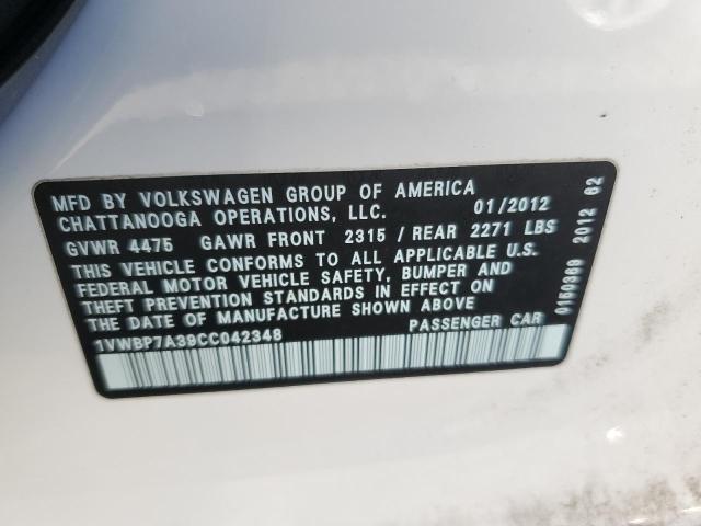 1VWBP7A39CC042348 - 2012 VOLKSWAGEN PASSAT SE WHITE photo 12