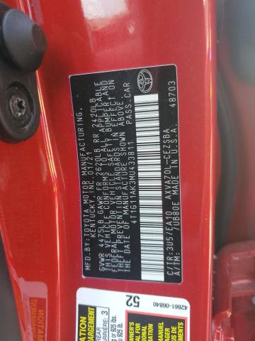 4T1G11AK3MU433811 - 2021 TOYOTA CAMRY SE 红色 照片 12