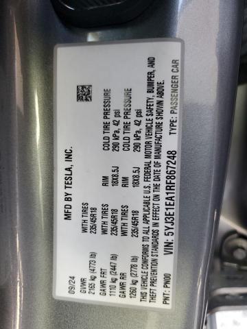 5YJ3E1EA1RF867248 - 2024 TESLA MODEL 3 ვერცხლისფერი ფოტო 12