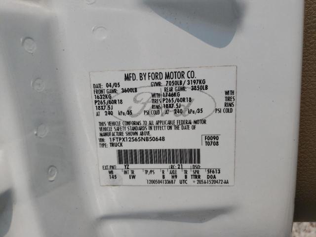 1FTPX12565NB50648 - 2005 FORD F150 WHITE photo 12