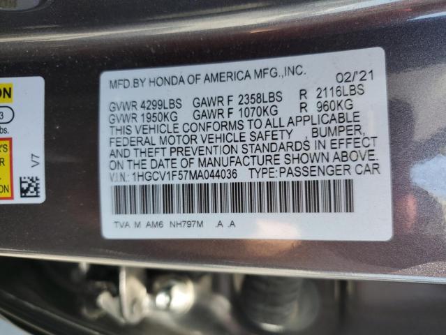 1HGCV1F57MA044036 - 2021 HONDA ACCORD EXL გრაფიტი ფოტო 12