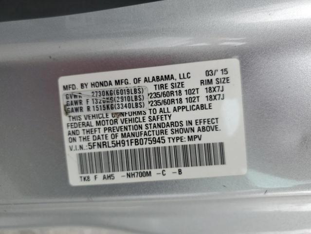5FNRL5H91FB075945 - 2015 HONDA ODYSSEY TOURING SILVER photo 13