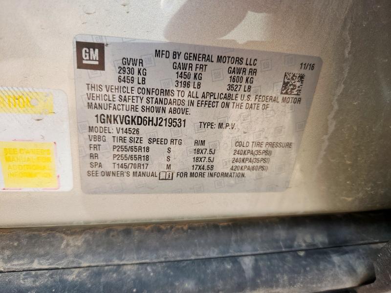 1GNKVGKD6HJ219531 - 2017 CHEVROLET TRAVERSE LT GOLD photo 14