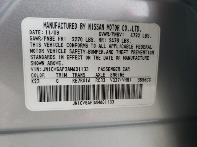 JN1CV6AP3AM401133 - 2010 INFINITI G37 BASE SILVER photo 12