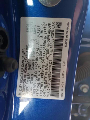 2HGFC2F83MH534221 - 2021 HONDA CIVIC SPORT 蓝色 照片 12