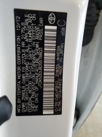 JTDKN3DU8D5578803 - 2013 TOYOTA PRIUS Ақ фото 12