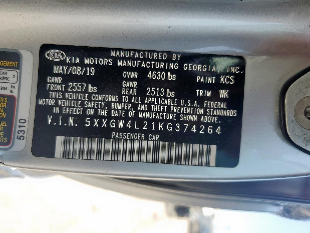 5XXGW4L21KG374264 - 2019 KIA OPTIMA SX SILVER photo 12