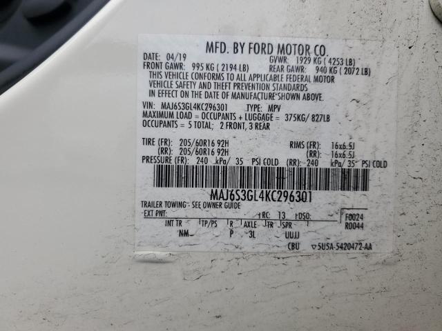 MAJ6S3GL4KC296301 - 2019 FORD ECOSPORT SE Білий фото 14