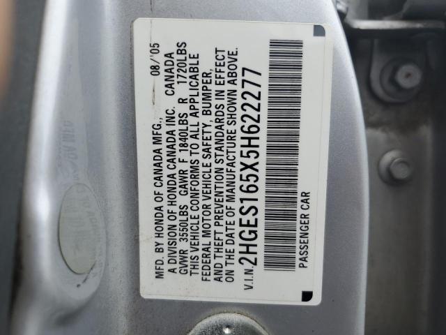 2HGES165X5H622277 - 2005 HONDA CIVIC LX SILVER photo 12