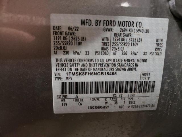 1FMSK8FH6NGB18465 - 2022 FORD EXPLORER LIMITED SILVER photo 12