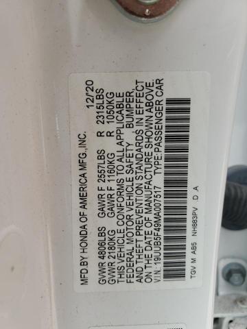 19UUB5F49MA007517 - 2021 ACURA TLX TECHNOLOGY WHITE photo 12