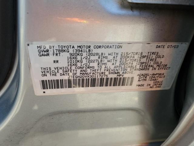 JTEGH20VX30117275 - 2003 TOYOTA RAV4 SILVER photo 13