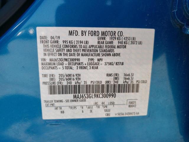 MAJ6S3GL9KC300990 - 2019 FORD ECOSPORT SE BLUE photo 14