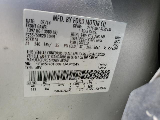 1FM5K8F80FGA41249 - 2015 FORD EXPLORER LIMITED SILVER photo 12