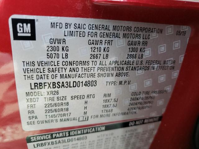 LRBFXBSA3LD014803 - 2020 BUICK ENVISION PREFERRED BURGUNDY photo 12