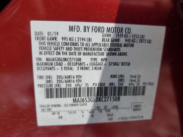MAJ6S3GL0KC271508 - 2019 FORD ECOSPORT SE 红色 照片 13