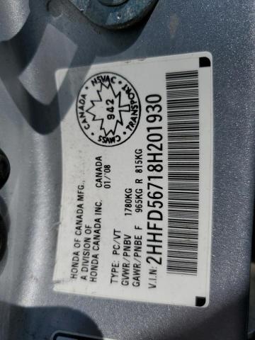 2HHFD56718H201930 - 2008 ACURA CSX TECHNOLOGY SILVER photo 13