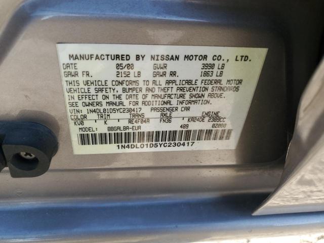 1N4DL01D5YC230417 - 2000 NISSAN ALTIMA XE SILVER photo 12