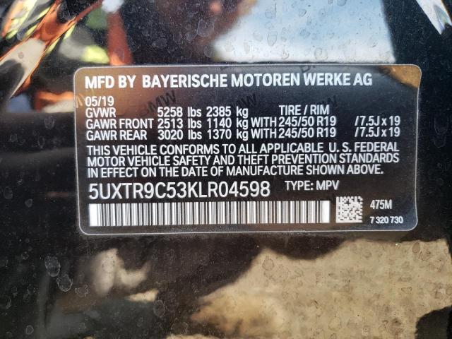 5UXTR9C53KLR04598 - 2019 BMW X3 XDRIVE30I BLACK photo 12